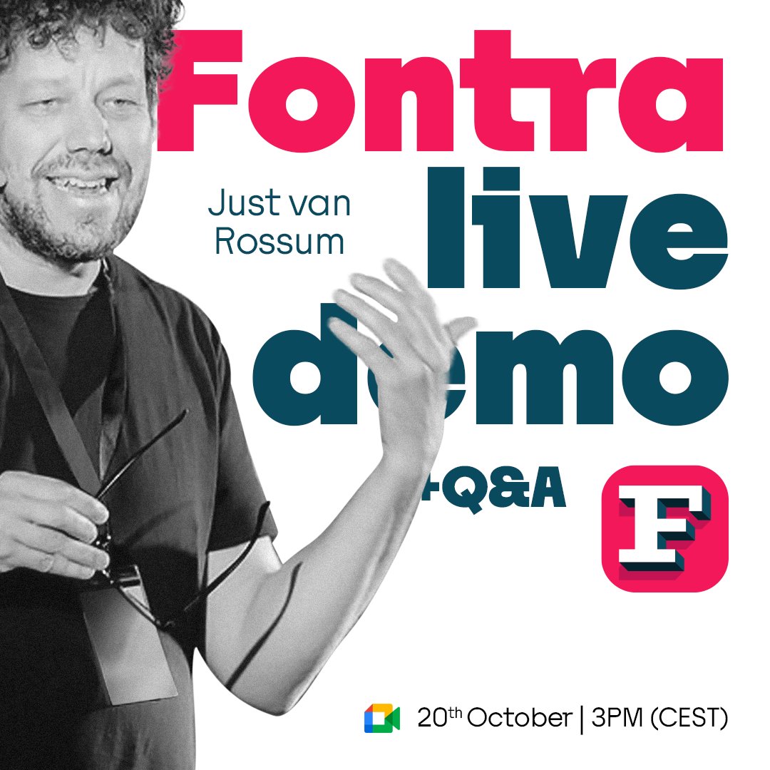 🎙️Fontra Event!
This Friday 20th of October <a href="/justvanrossum/">Just van Rossum</a> is going to do a live demo of Fontra, our WIP Font Editor. 
The demo will last 40 minutes, leaving 20 minutes at the end for discussion. 
Make a note in your calendar!

meet.google.com/jxf-rvst-cib

fontra.xyz