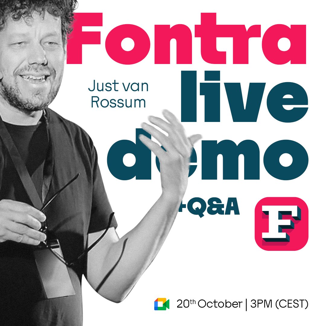 🎙️Fontra Event! This Friday 20th of October @justvanrossum is going to do a live demo of Fontra, our WIP Font Editor. The demo will last 40 minutes, leaving 20 minutes at the end for discussion. Make a note in your calendar! meet.google.com/jxf-rvst-cib fontra.xyz