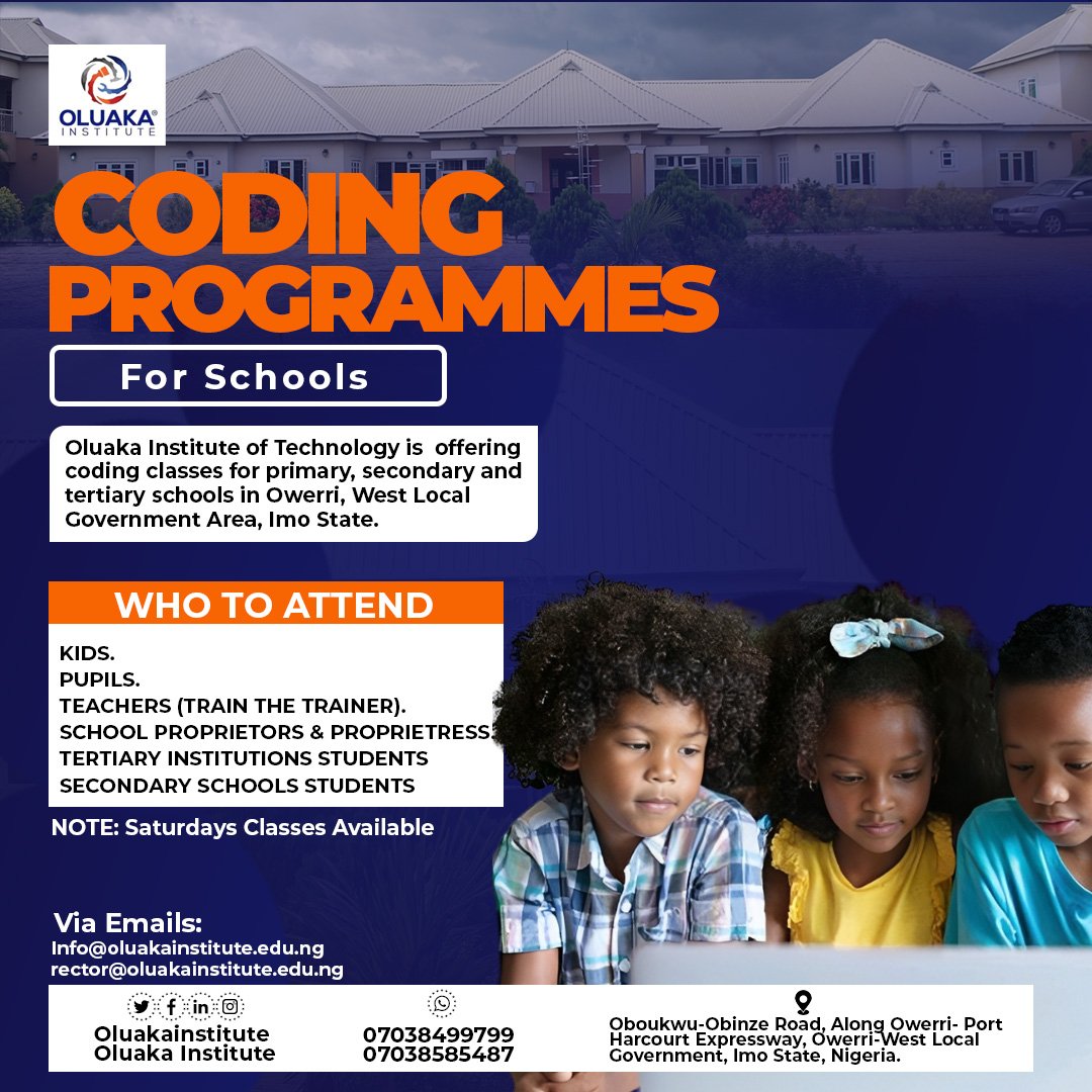OluakaInstitute's tweet image. Empower your students with essential 21st-century skills through our comprehensive coding programmes designed for schools.
Our programmes are adaptable for all grade levels, from elementary to high school.
#CodingForSchools