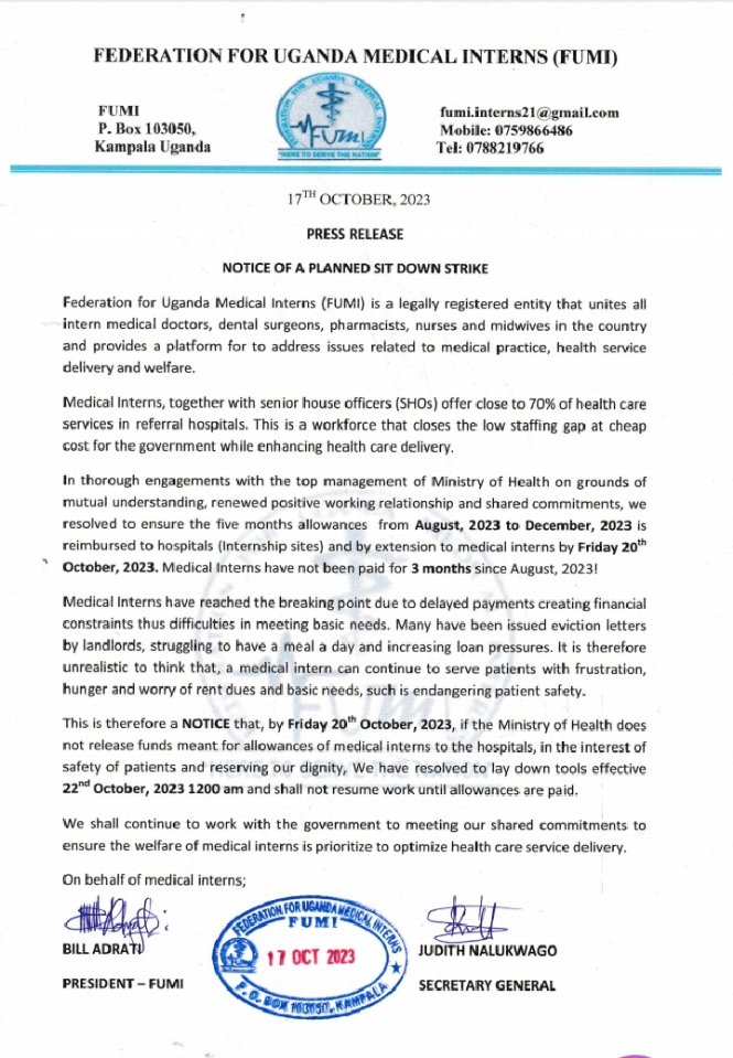 Medical interns have announced their intention to strike, citing five months of unpaid allowances since August 2023. The interns were deployed by @minofHealthUG, who had previously reduced their salaries from 2.5M to 1M for intern doctors. #NTVNews