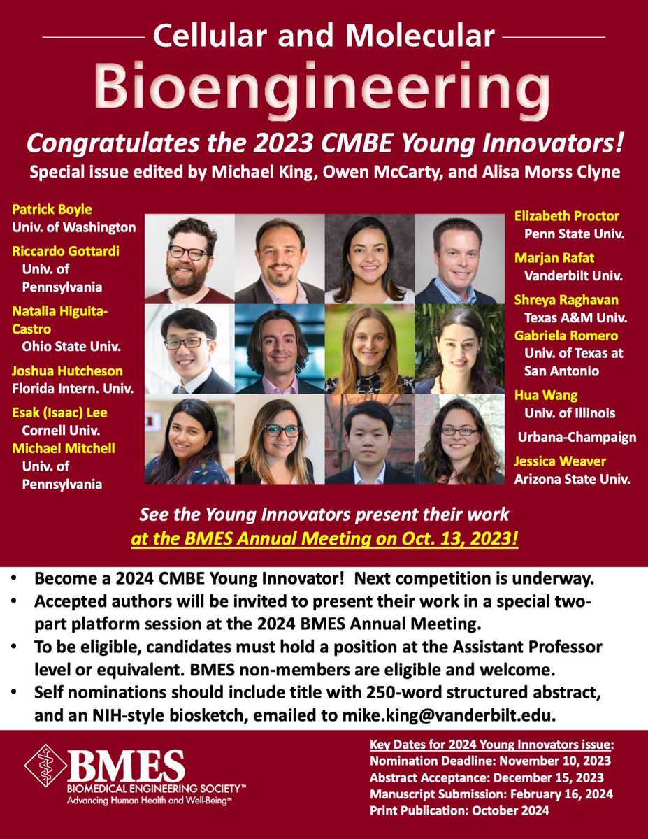 (Self) nominations for the 2024 CMBE Young Innovators special issue and @BMESociety sessions are now open, until November 10! See below for details. Next year’s issue will be co-edited by @profmikeking , @RobRapheal , and @profjoycewong !