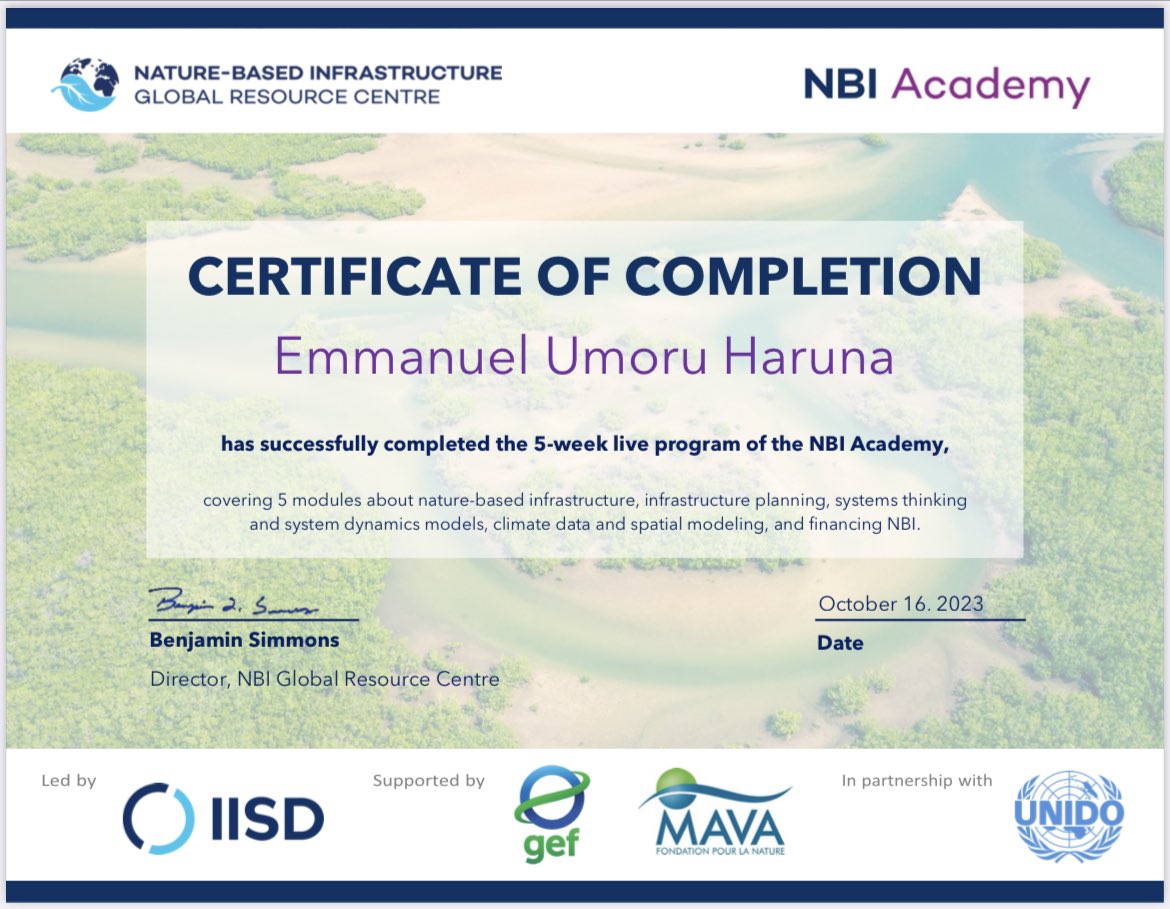 emharry22's tweet photo. *(Certification Alert)*

Thank you the International Institute for Sustainable Development (IISD) for the knowledge, insightful, and 5-weeks sleepless nights learning about:

“Nature-based infrastructure for climate adaptation and sustainable development” 

It worth the time! https://t.co/YCtAPVu97u