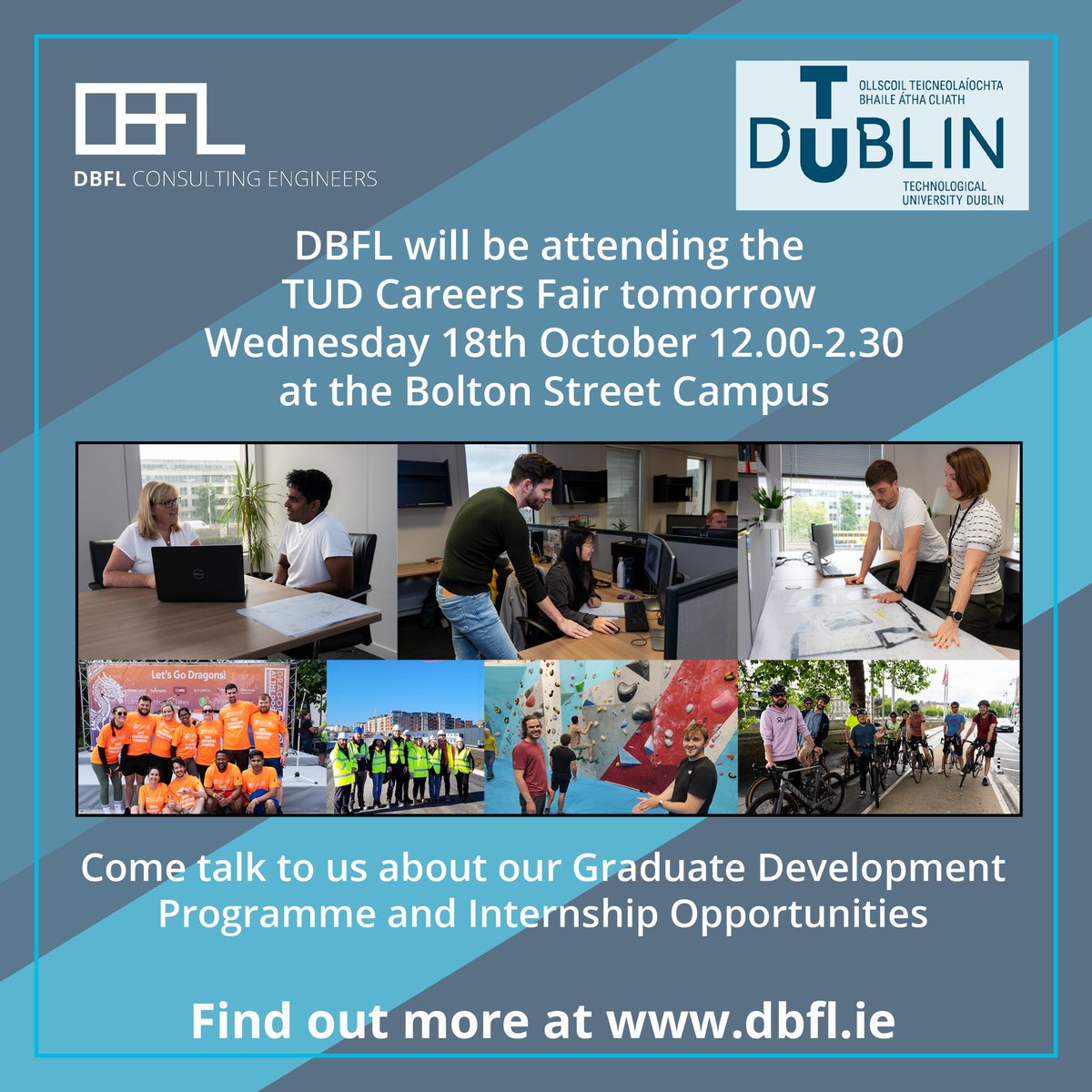 We'll be at the @WeAreTUDublin Careers Fair on Wednesday 18th Oct 12.00-2.30 at the Bolton Street Campus. Come chat with our team and ask about our Graduate Development Programme and Internship Opportunities. dbfl.ie #TUDCareersFair #TUDCareers #TUDEngineering
