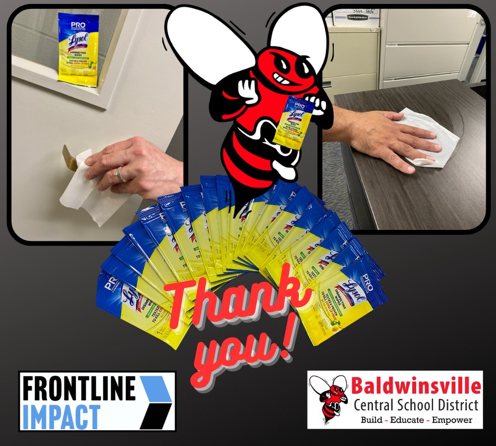 BCSDBEES's tweet photo. Thank you Frontline Impact Project for delivering a pallet of wipes to our school district. "Theses Lysol wipes will help to keep our district safe and clean!" said Chief Operations Officer Rick Foederer. #FrontlineImpact #WeAreTheFrontline https://t.co/EywEU4tHUL