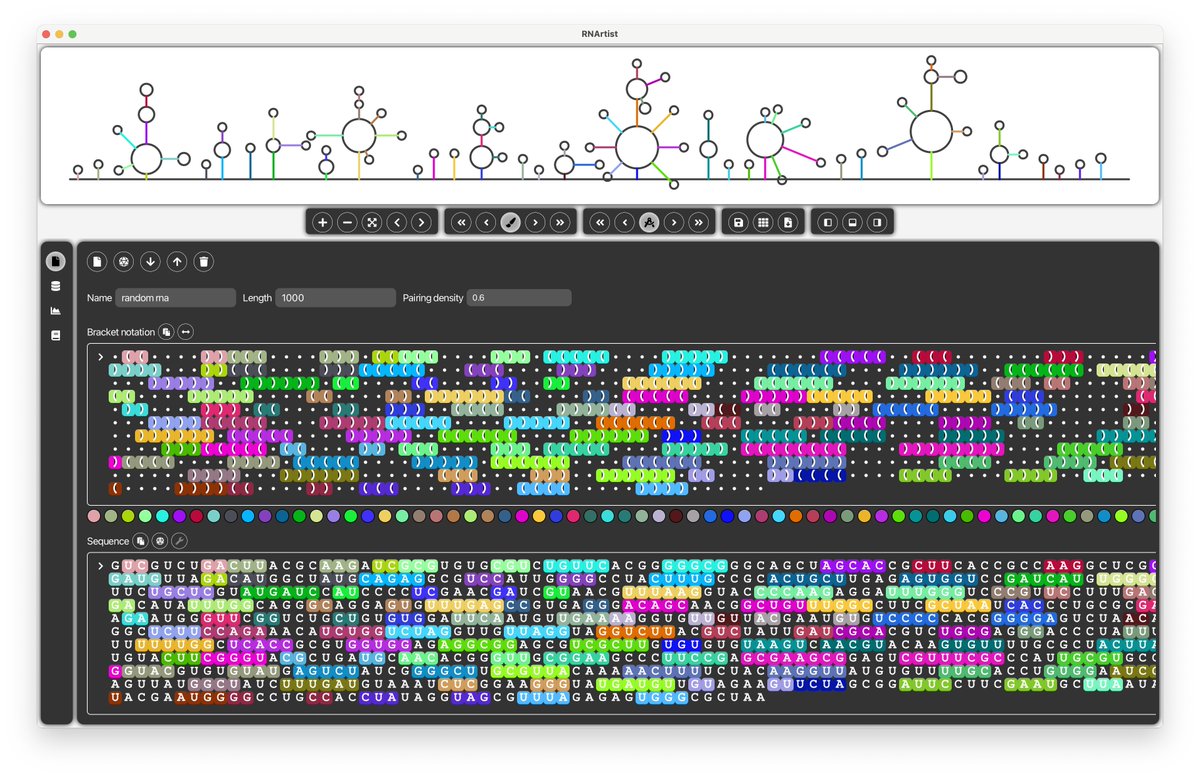 rnartist_app's tweet image. Insight into a random #RNA 2D with a size of 1kb and a pairing density of 60%. Bracket notation with colored helices in the lower part. Simple rendering of the 2D plot in the upper part. #bioinformatics #javafx #visualization
