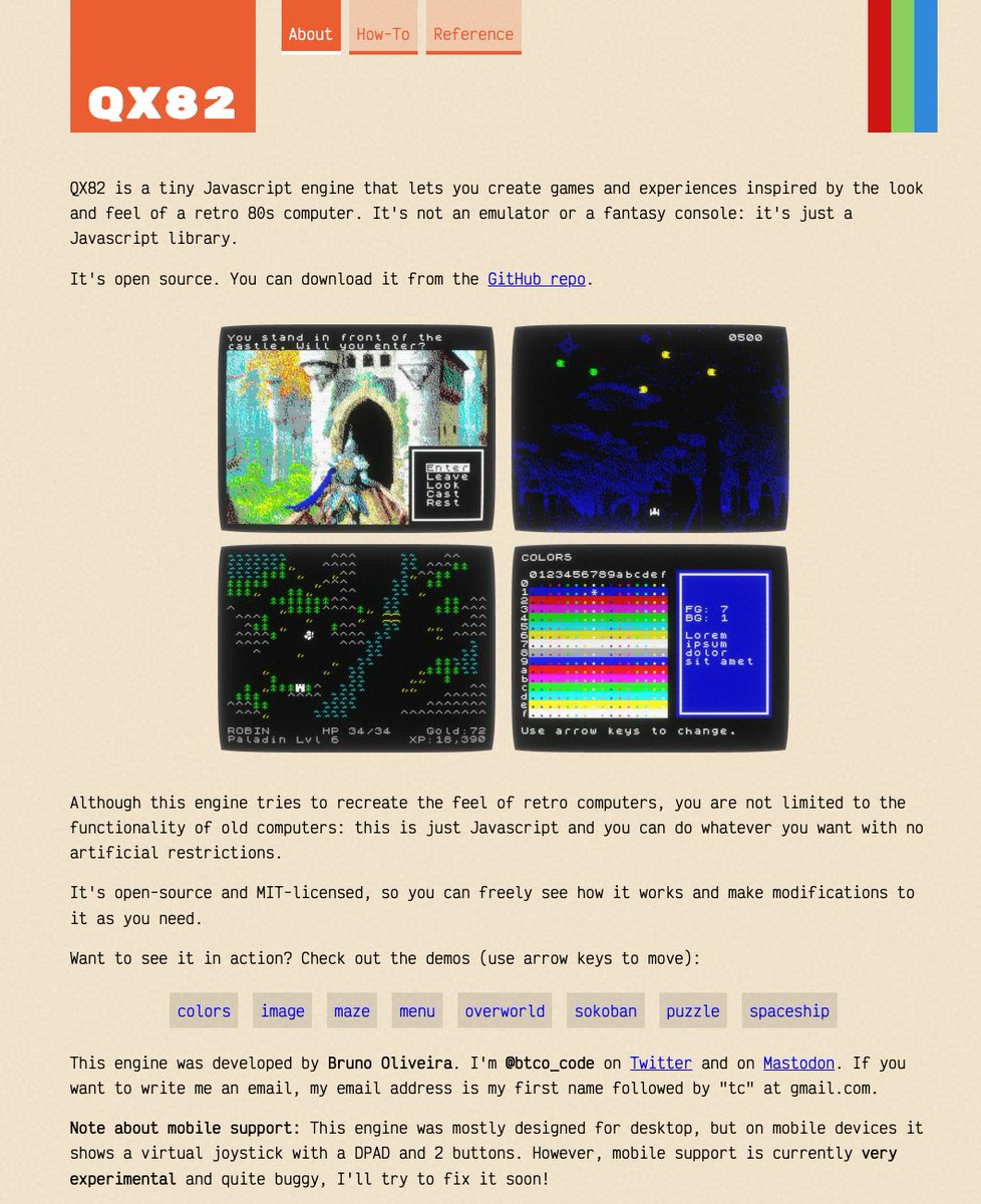 🎮QX82 by @btco_code: small #JavaScript engine that lets you create games and experiences inspired by the look and feel of a retro 80s computer. Featured in @bytesdotdev (bytes.dev/archives/231).

🔗btco.github.io/qx82