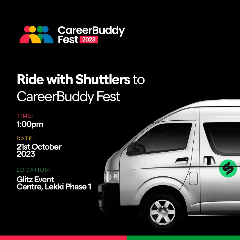 Event travel made easy to yet another event! 

We have partnered with <a href="/careerbuddyhq/">CareerBuddy</a> to provide comfortable and affordable rides to the CareerBuddy Fest 2023. 

Book your seats with the following steps. 

- Download the Shuttlers App on Andriod or playstore
- Register / Sign up
-