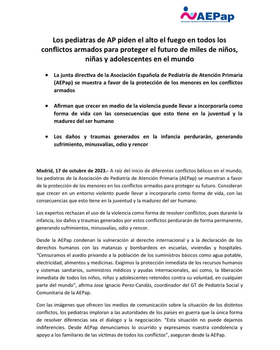 Los pediatras de AP piden el alto el fuego en todos los conflictos armados para proteger el futuro de miles de niños, niñas y adolescentes en el mundo 🌍