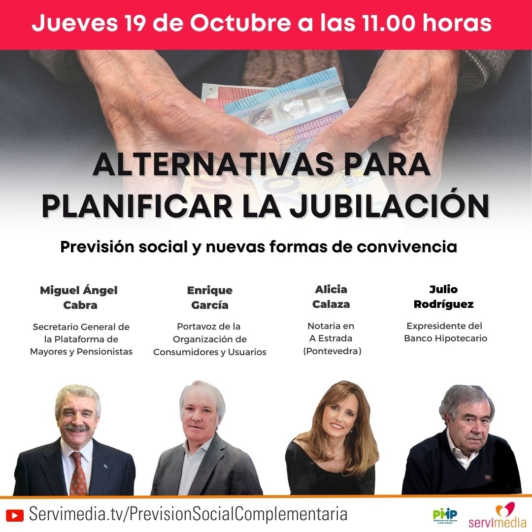 🆕Nuevo #DiálogoServimedia

🧓Hablaremos sobre planificar la jubilación

👥Contaremos con representantes de <a href="/PlataformaPMP/">Plataforma de Mayores y Pensionistas</a>, <a href="/consumidores/">OCU</a>, <a href="/cagraino/">Carmen Alicia Graiño Calaza</a> y <a href="/JulioRL43/">Julio Rodriguez</a>

🗓️19 de octubre a las 11.00

✍️Inscríbete👇
servimedia.es/dialogos/plani…