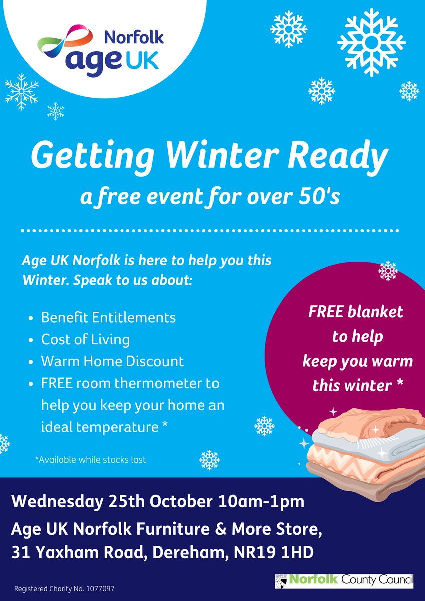We'll be on hand at our Dereham shop on 25th October to chat ❄️'Getting Winter Ready'❄️including some free (while stocks last) handy thermometers for the house and cosy blankets. Come on by and see us! 👋
