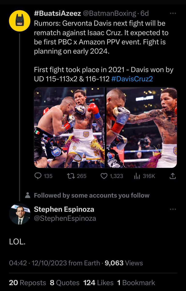 Judging by Espinoza’s response the fights not happening.. how about me v Cruz in a ibf final eliminator we’re both in the top 5 what ya saying guys @loudibella @KnuckleheadSean @StefyBull