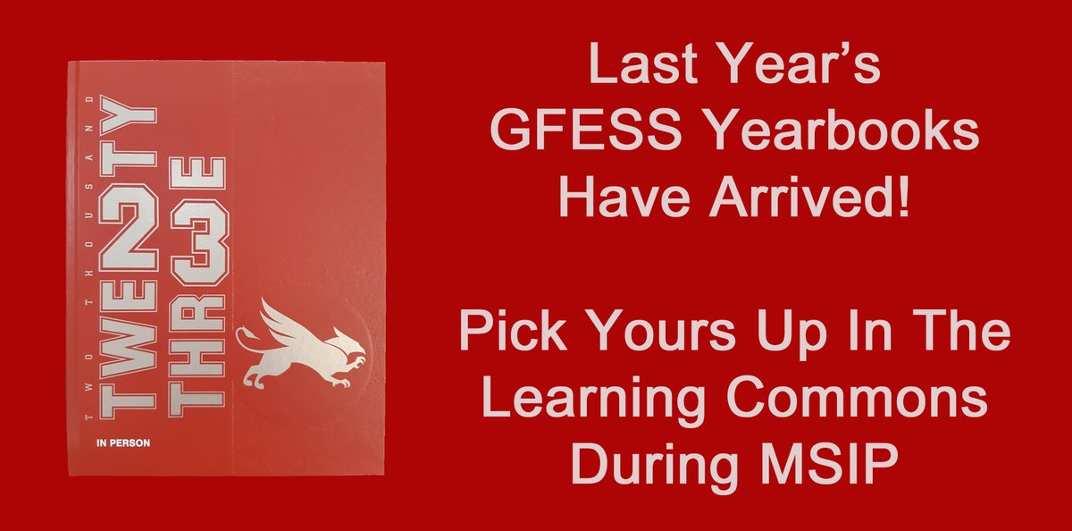 GFESSLC's tweet photo. Any grads or family members of grads from the 2022/2023 year, who paid their student fees last year are able to pick up a Yearbook from the Learning Commons at any time! https://t.co/AcT2ZrWtzB