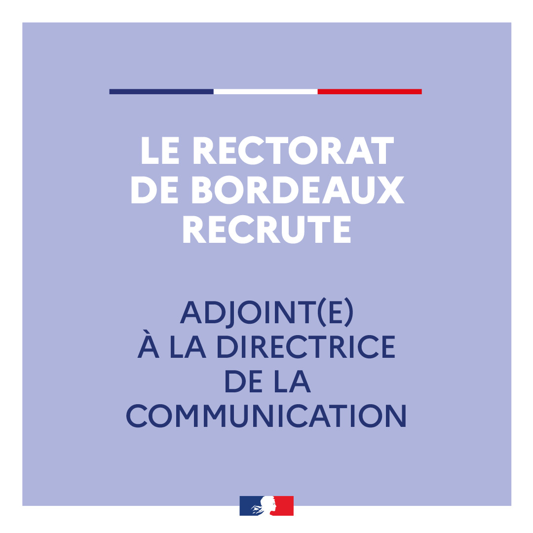 [#Emploi] 📣
Le service communication du rectorat de l'<a href="/AcBordeaux/">Académie de Bordeaux</a> recherche un(e) adjoint(e) à la directrice de la #communication !

📍Localisation : #Bordeaux
➕Infos et candidatures sur : vu.fr/zQMKM

#Recrutement #OffreEmploi