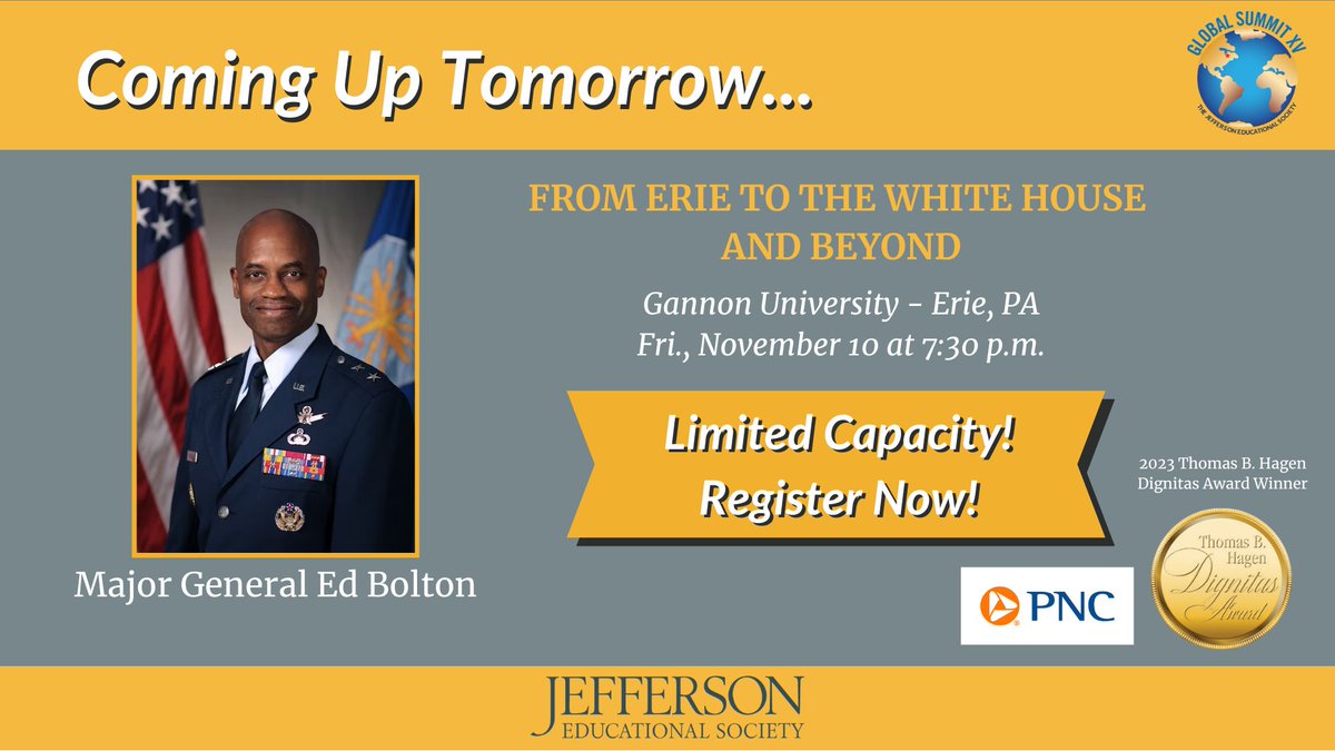 COMING UP TOMORROW: From Erie to the White House and Beyond Featuring Maj. Gen. Ed Bolton FRIDAY, NOVEMBER 10 at 7:30 p.m. Gannon University, Yehl Ballroom Don't miss out! Click the link below for more information and tickets! jeserie.org/global-summit-…