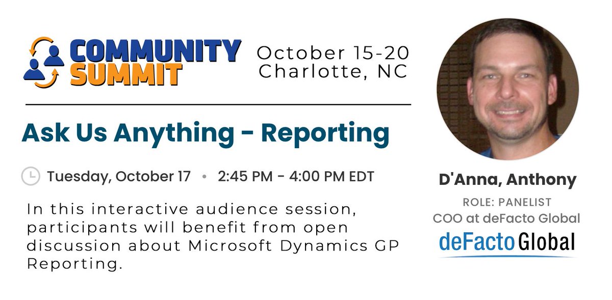 deFactoCPM's tweet image. Be sure to join this interactive happening soon! #MySummitNA Our COO, Anthony D&apos;Anna is one of the panelists for an open discussion about #MicrosoftDynamicsGP #Reporting. Stop by Booth 1206, for a one-on-one demo on reporting and planning in #PowerBI w/deFacto Power Planning.