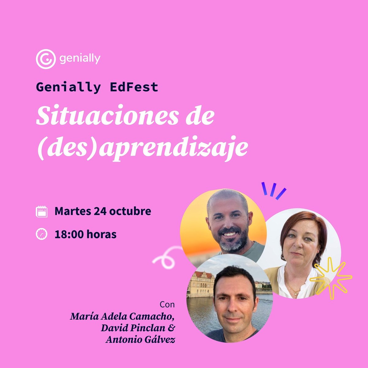 #GeniallyEdFest traerá consigo todas las temáticas de interés docente y es por ser eso que no podían faltar las situaciones de (des)aprendizaje y cómo diseñarlas en <a href="/genially_es/">Genially (Español)</a> de la mano de <a href="/camachomanarel/">María Adela</a> <a href="/DavidPinclan/">David Pinclan🌱</a> y <a href="/agalamo/">Antonio Gálvez</a>  ✨