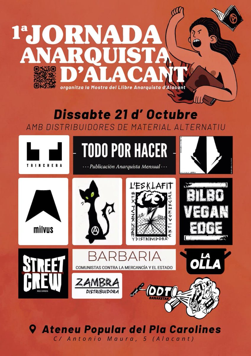 Dins la I Jornada anarquista d'Alacant hi haurà espai per a un Mercat ambulant de Material Alternatiu, llibres, samarretes, discos, xapes, engantxines, pegats
Tindrem amb nosaltres Distribuïdores de diferents punts de l'Estat: Madrid, Euskal Herria, Murcia, Alacant... T'esperem