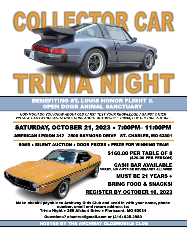 OpenDoorAnimals's tweet photo. 📢 Join us Saturday, Oct 21 for the 2023 Collector Car Trivia event! Check out the event flyer for all the info. Support their missions, whether it's for veterans or animals. 🚗📚 #TriviaEvent #SupportCauses #CarEnthusiast #StLouisHonorFlight https://t.co/ULd2XhLKcv