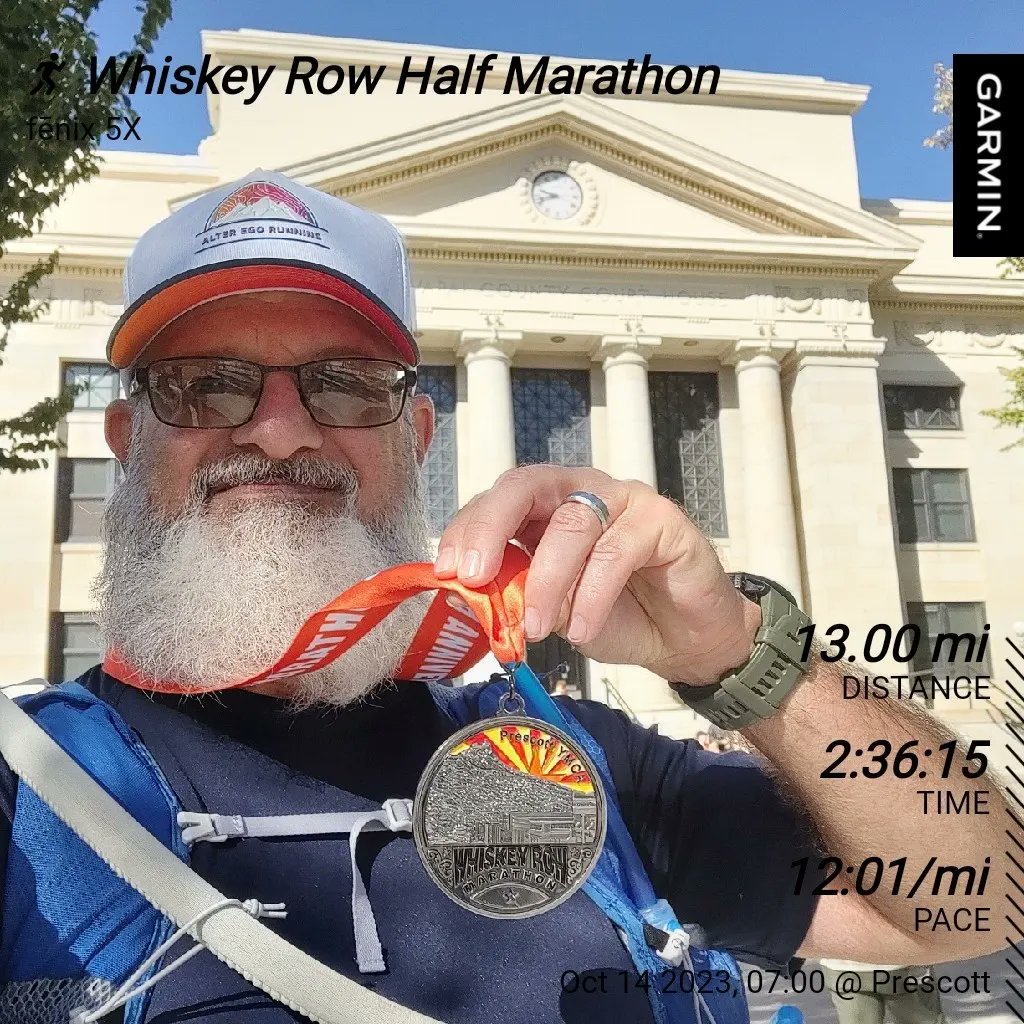 AvgTrailRunner's tweet photo. Ran the Whiskey Row Half Marathon this past weekend. It wasn't my fastest time at this race but I had no expectations and had a fun time. I even saw a flock of wild turkeys. #halfmarathon #raceday #runningaz https://t.co/Hx8wngmP7o