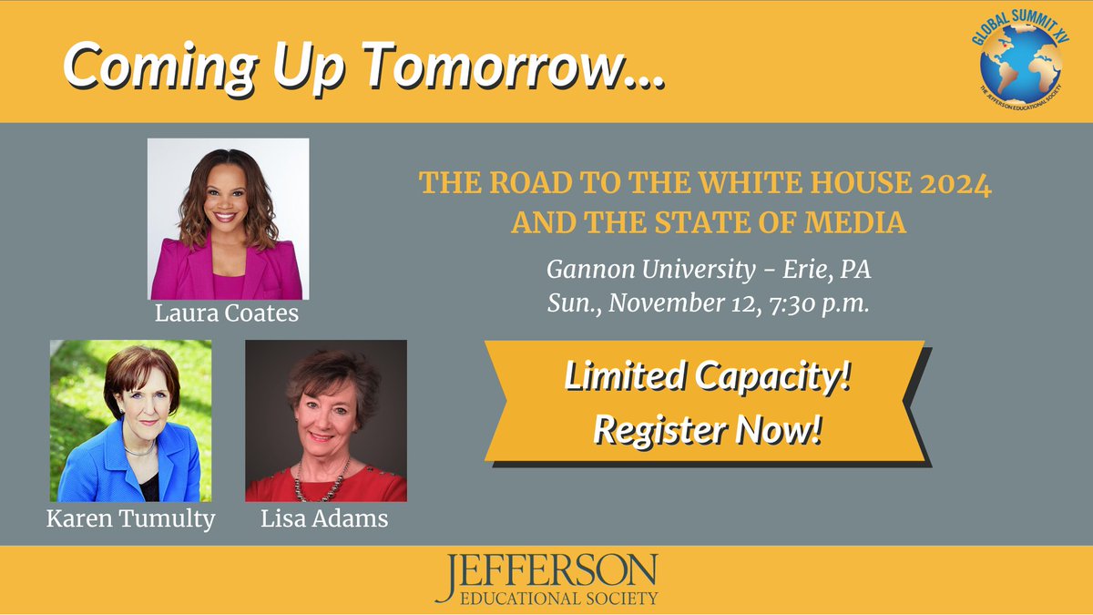 COMING UP TOMORROW: The Road to the White House 2024 and the State of Media Featuring Tumulty, Coates, and Adams SUNDAY, NOVEMBER 12 at 7:30 p.m. Gannon University, Yehl Ballroom Don't miss out! Click the link below for more information and tickets! jeserie.org/global-summit-…