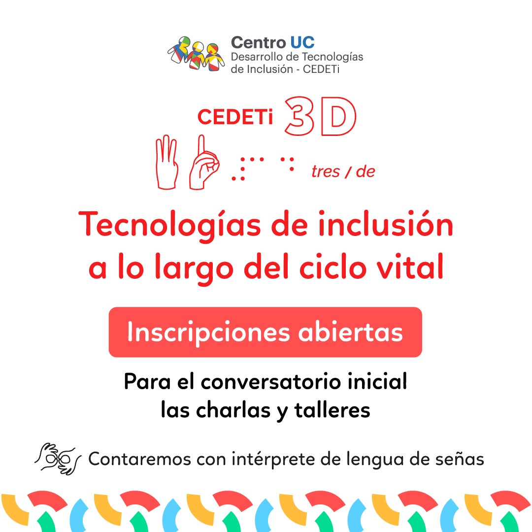 Participa del CEDETi 3D. El tema de CEDETi 3D 2023 se centrará en tecnologías de inclusión a lo largo del ciclo vital.
Inscríbete en el formulario en el siguiente link
forms.gle/xbtJdwKQ8szSpf… para participar en los conversatorios y talleres que tenemos para ti. Cupos limitados.
