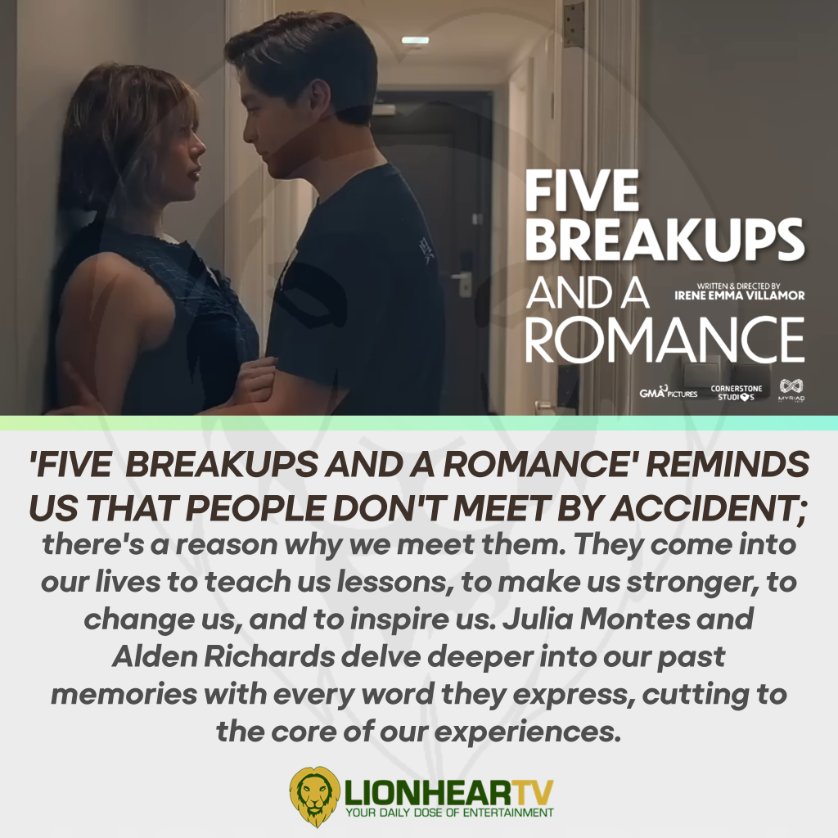 A FILM YOU SHOULD NOT MISS. #FiveBreakUpsAndARomance is a bittersweet portrait of our own experiences in love. Catch it starting today, October 18, in more than 200 cinemas, nationwide! @aldenrichards02 @yourjuliamontes @GMAPictures READ: lionheartv.net/2023/10/alden-…