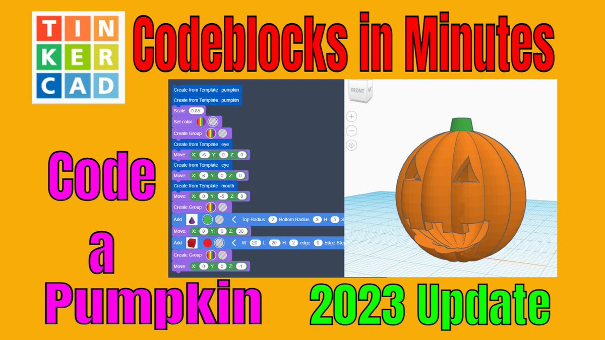 HLtinkercad's tweet photo. Spooky Szn updatefor 2023! A Jack O Lantern using #Tinkercad #Codeblocks in about 10 minutes. #STEM
Watch Now: https://t.co/4oPD6rp9QC https://t.co/Og5UrglRJI