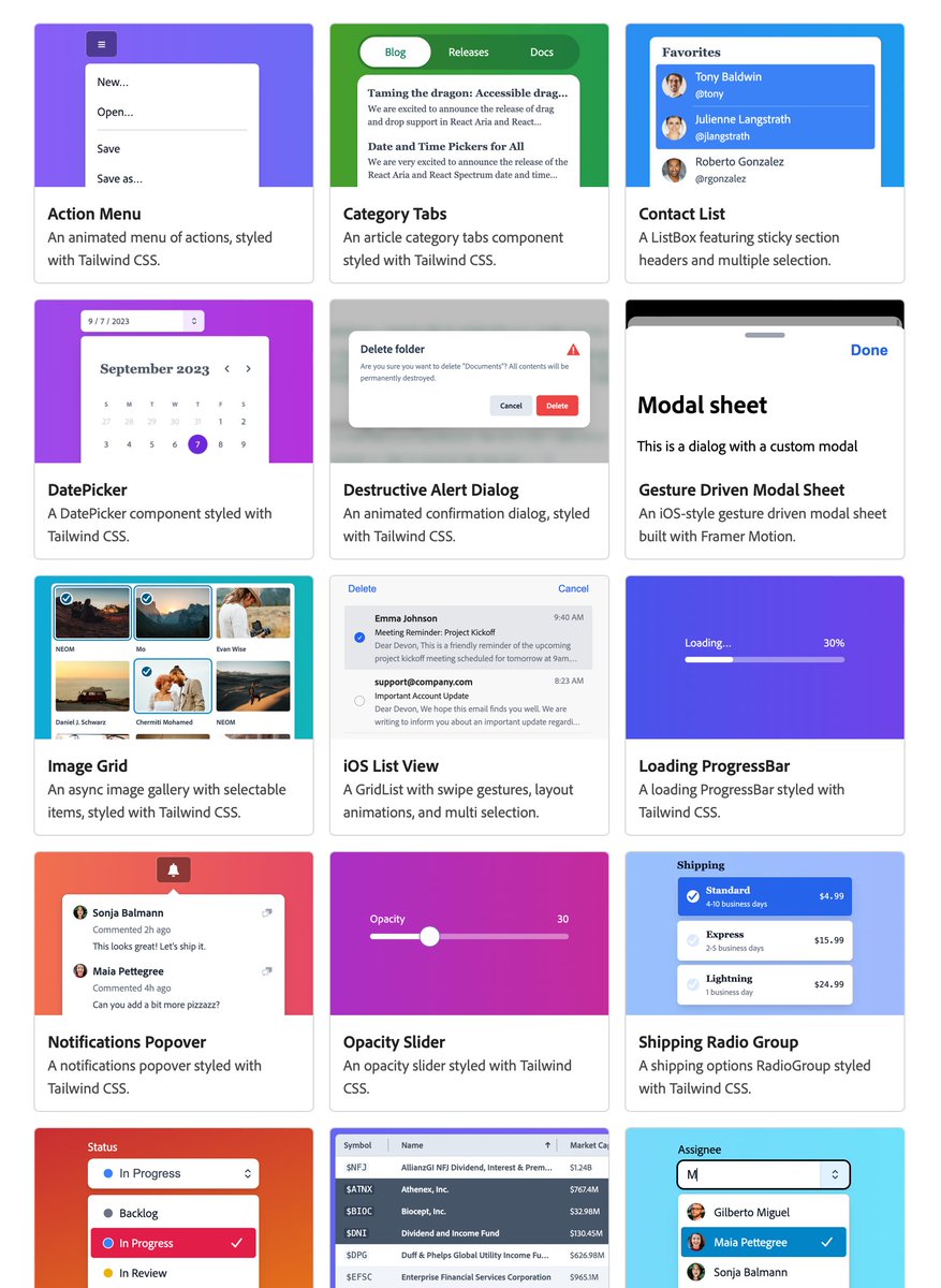 Check out the new React Aria Components examples page! Fully styled and animated examples with Tailwind CSS, Framer Motion, and more. Copy, paste, and modify to get started quickly, or just use it as a learning resource. I had so much fun building it! 🙌

react-spectrum.adobe.com/react-aria/exa…