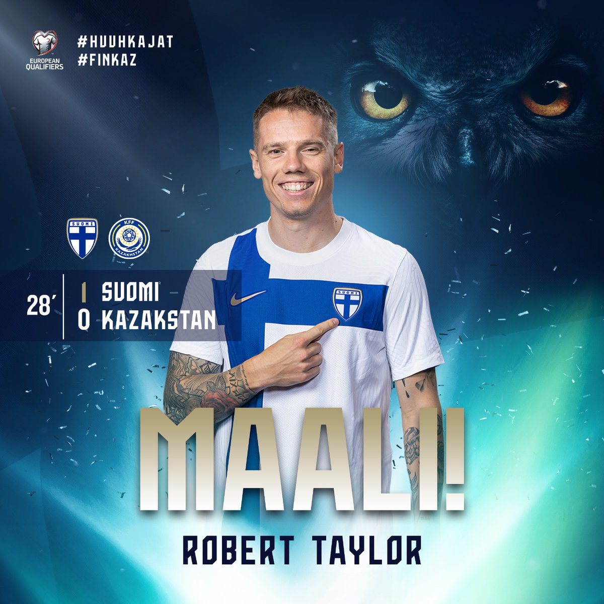 28' ROBEEEEERT TAYLOOOOR! 🔥 Taylorin fantastisen upea vapaapotku uppoaa maaliin ja räjäyttää Olympiastadionin huutoon! SUOMI JOHTAA! 💙🤍 #Huuhkajat #FINKAZ