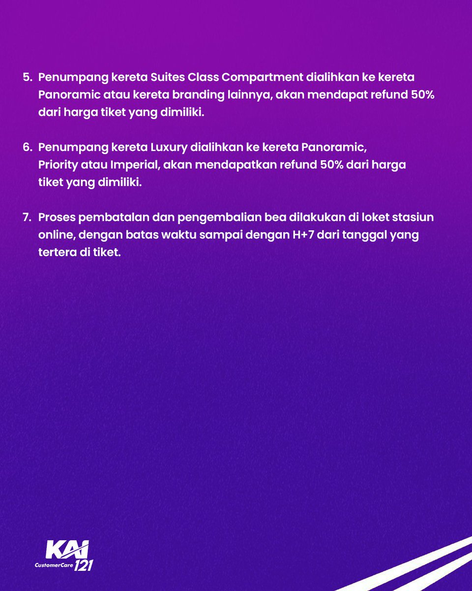 Kompensasi Bagi Penumpang yang Terdampak Gangguan Operasional

KAI memberikan kompensasi berupa pengembalian bea kepada penumpang yang mengalami penundaan keberangkatan/keterlambatan KA penumpang, imbas anjlokan KA Argo Semeru &amp; KA Argo Wilis.

Kompensasi tersebut berupa