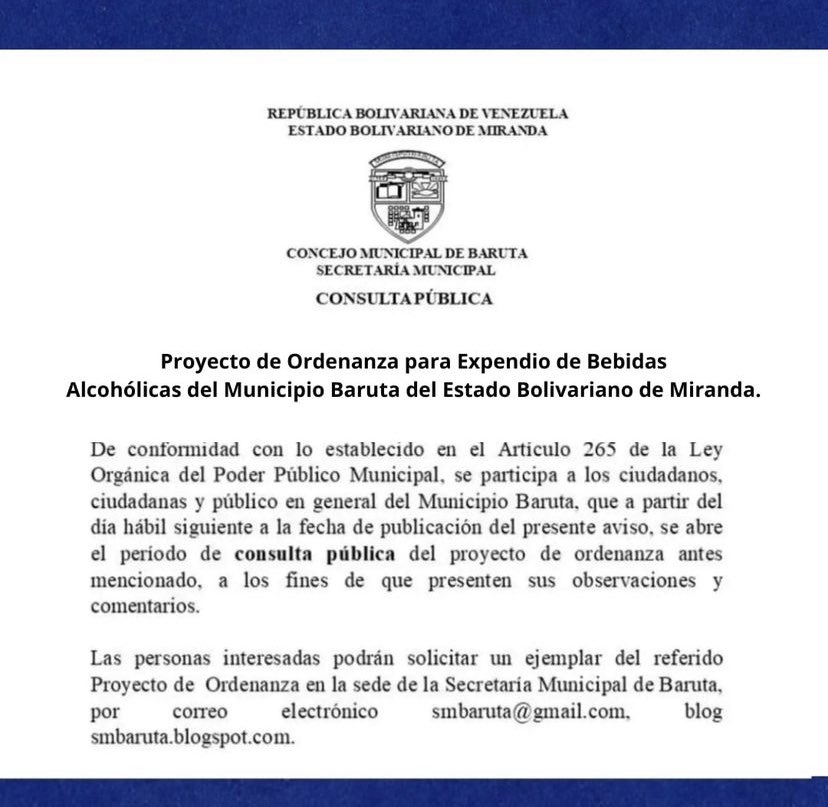 CBMactiva's tweet photo. 📣 Vecinos de Baruta 
El consejo Municipal los invita a conocer y participar en la consulta pública sobre el proyecto de ordenanza sobre EXPENDIO de BEBIDAS ALCOHÓLICAS del municipio baruta del Edo Miranda
📍desde 17 al  al 26 de octubre 2023 
sede de la Secretaría Mun de Baruta https://t.co/m2Gpb1NWNN