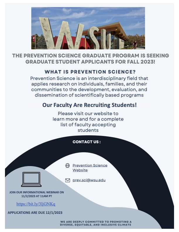Prospective students are signing up for our live webinar on Nov 2 at 11 am PST! Interested in learning more about a PhD in Prevention Science? Register here: bit.ly/3ljGNKq Learn about our faculty here: bit.ly/3yQiNVQ