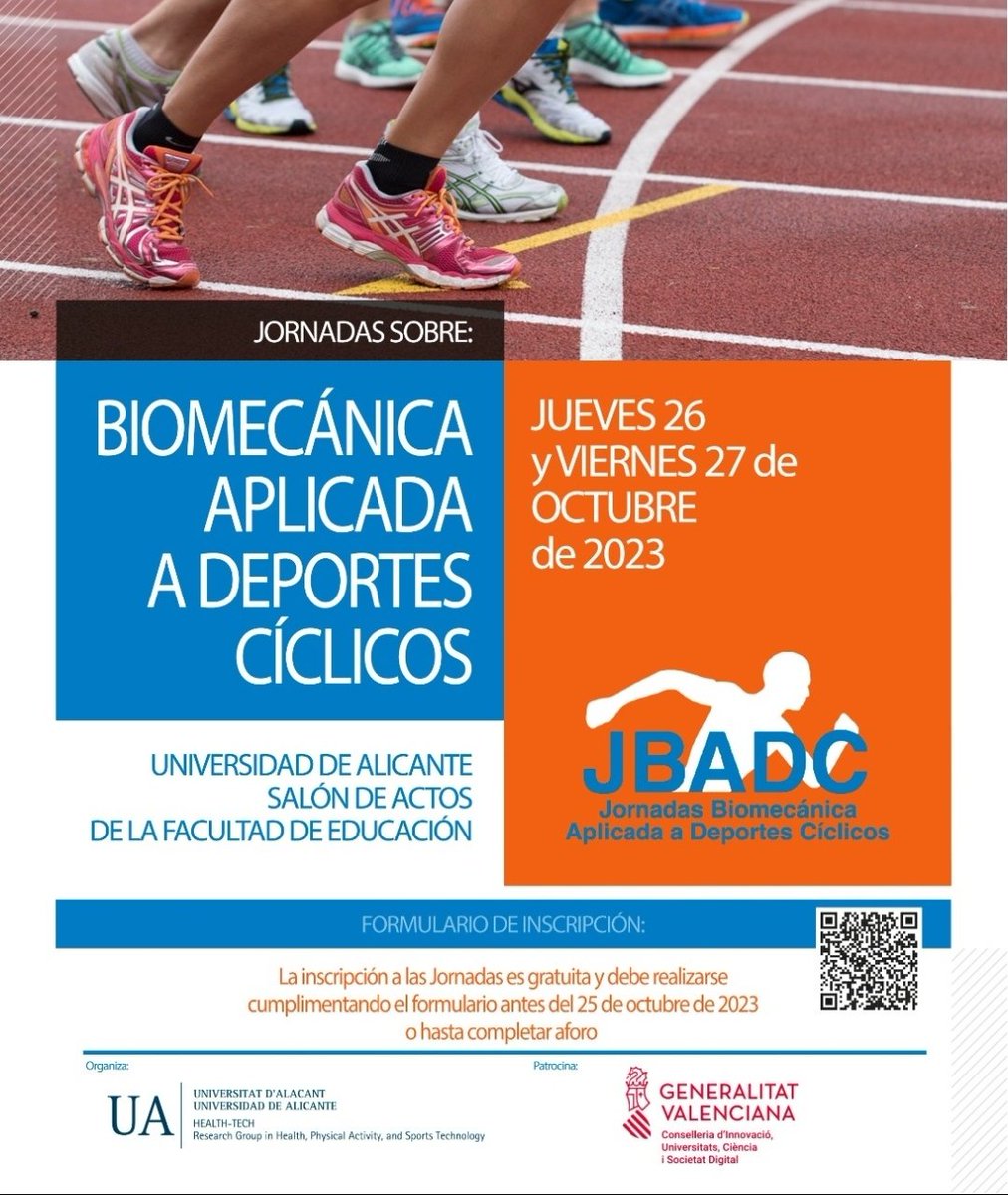 AlfonsoPenichet's tweet photo. 🔜 Los próximos días 26 y 27 de octubre de 2023, de 16h a 20h, se llevarán a cabo las Jornadas Biomecánica Aplicada a Deportes Cíclicos, en la Facultad de Educación de la Universidad de Alicante.

🆓 Inscripción GRATUITA.
✅ Inscripción ABIERTA. 

+ Info: https://t.co/8suUws8XYN https://t.co/Kbz7PMiJiV