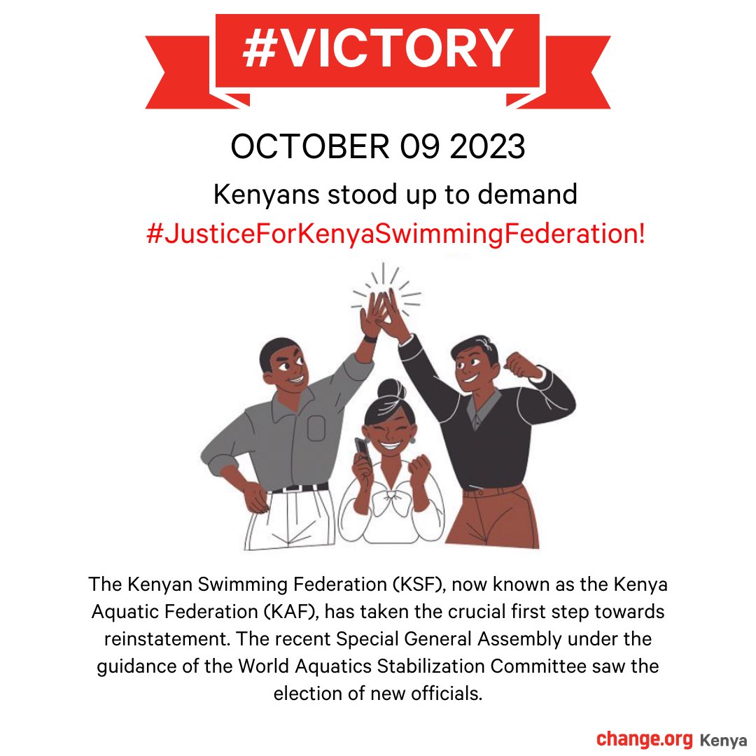 🏊‍♀️ Victory for Kenya's Swimming Fraternity! 🏊‍♂️

Thanks to your incredible support and the undeniable impact of petitions, the Kenyan Swimming Federation (KSF), now known as the Kenya Aquatic Federation (KAF), has taken the crucial first step towards reinstatement. Facing a ban