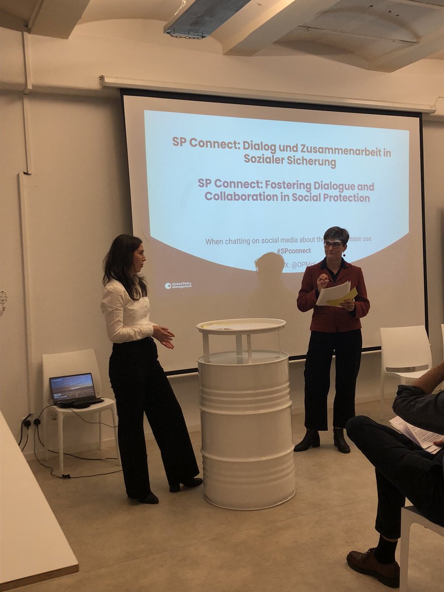 Corinna Kreidler with @JZimmer_mensch delivering a short sketch of a typical conversation between humanitarian and development practitioners, emphasising the importance of building communication and trust between the communities. #SPconnect #OPM #SocialProtection #EZ