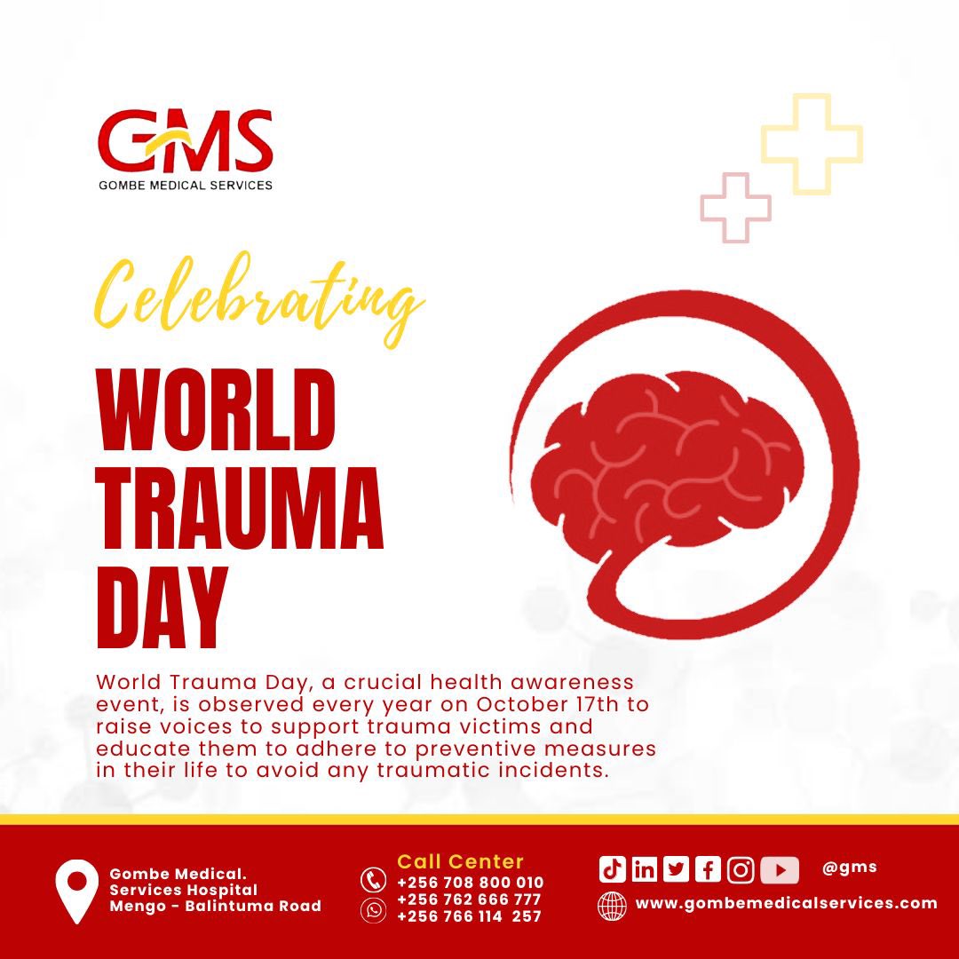 Traumas are caused by road accidents. Therefore, the main aim of celebrating world trauma day is to promote road safety measures like wearing seat belts while driving, avoiding rash driving, following safe driving practices, and more.

#worldtraumaday #gombemedicalservices
#gms