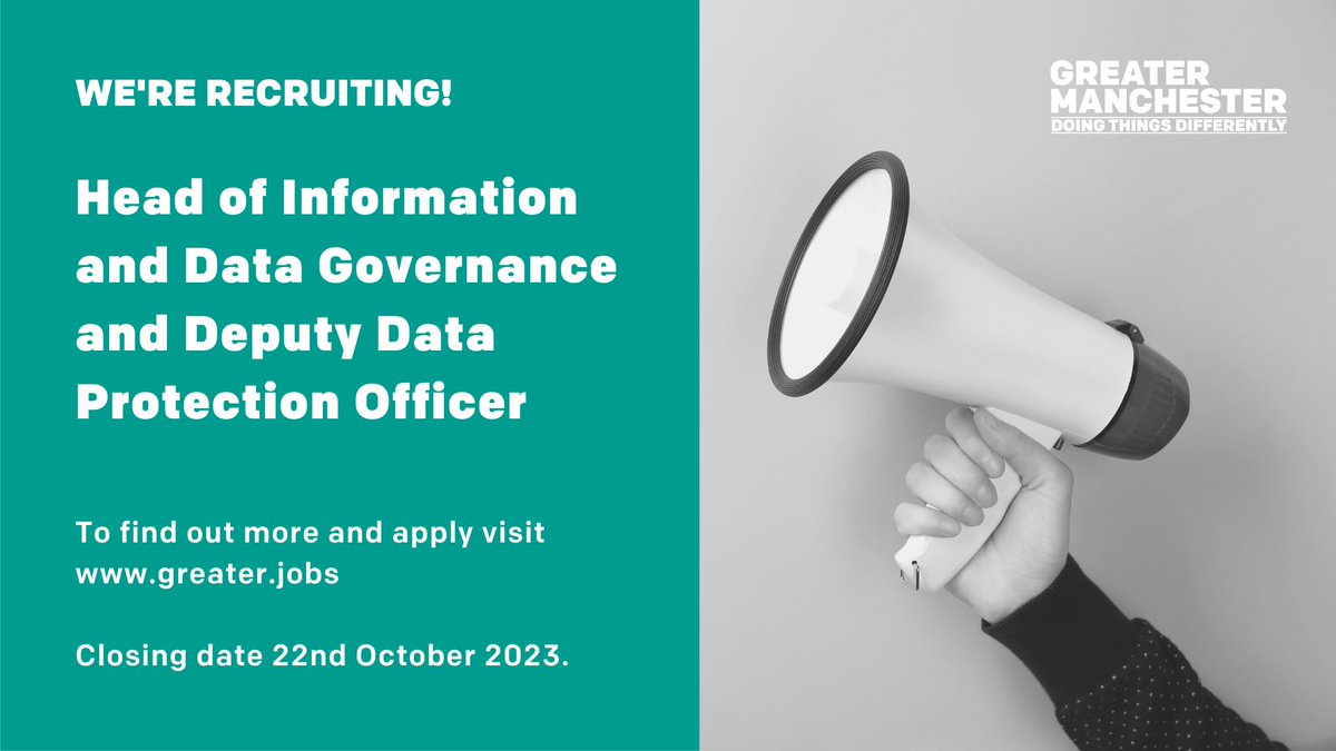 GM_Infogov's tweet image. ⏰Only 3 days left to apply⏰
Could you be our next Head of Information and Data Governance &amp;amp; Deputy Data Protection Officer?

🖱️Apply now gmcajobs.engageats.co.uk/Vacancies/W/18… 
#jobopportunity #jobsearch #fixedtermcontract #FridayVibes #Friday #ApplyNow #vacancy