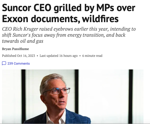 Big Oil knew they were burning the planet. They suppressed the evidence and spread disinformation. 
At committee I pushed Suncor SEO Rich Kruger (former VP for Exxon) about what he knew and about the massive number of lawsuits piling up against Big Oil. 
nationalpost.com/news/suncor-ex…