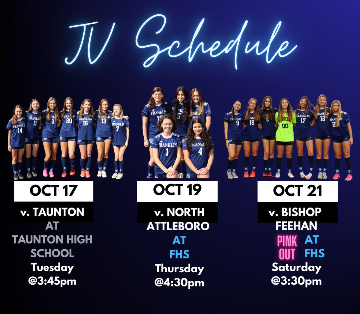 See you in Taunton today—as we cheer on our JV girls! ⚽️ They are back home on Thursday &amp; Saturday! 🥰
It’s a packed week—catch JV’s match on front turf—and the Freshman team will be on the grass!  Don’t forget to bring a donation for the <a href="/FranklinFoodPan/">Franklin Food Pantry</a> to their home games!