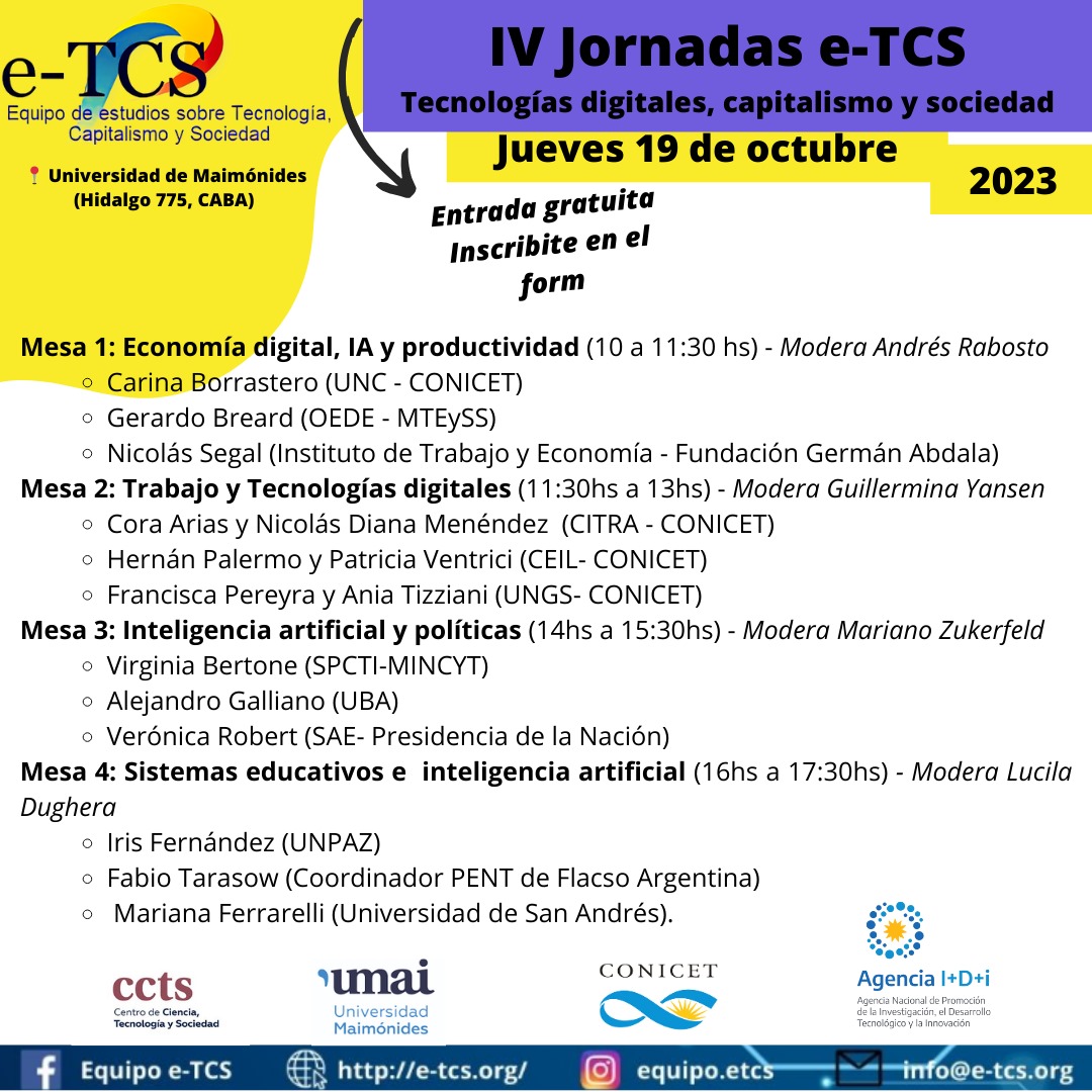 Gracias al equipo de Estudios sobre Tecnología Capitalismo y Sociedad por la invitación a ser parte de la mesa sobre IA y sistemas educativos.
Sin duda muchas ideas para ordenar y pensar los desafíos que se vienen
Nos vemos este jueves. 
<a href="/pent_flacso/">PENT (FLACSO 🇦🇷)</a>  <a href="/maimonidesedu/">Universidad Maimónides</a>