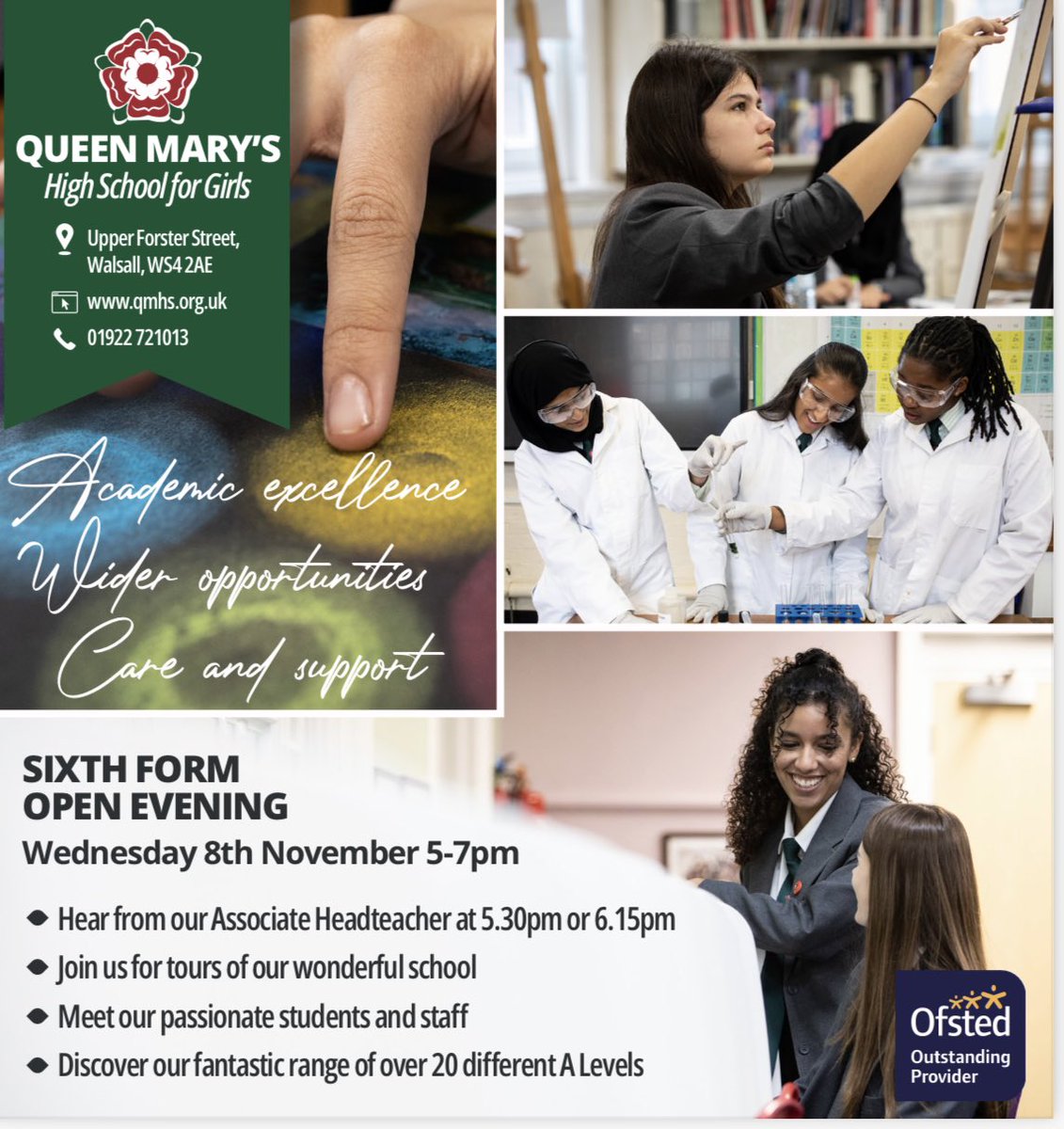 Looking for an outstanding education in a warm, caring and nurturing sixth form environment.  Then come and meet some of our current students and staff at our open evening on Weds 8th November from 5pm-7pm