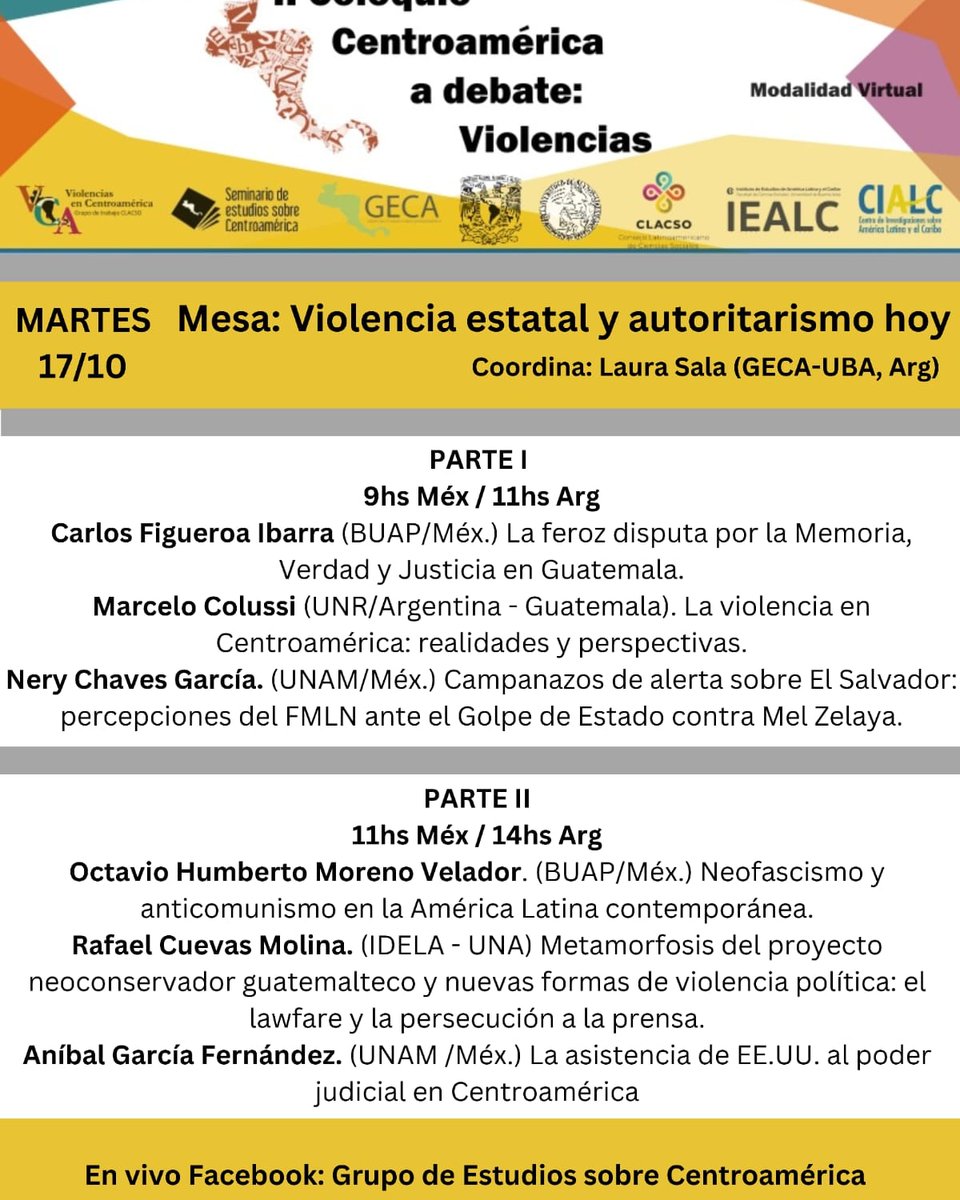 A las 11hs (Arg) arranca esta gran mesa. La primera del "II Coloquio Centroamérica a debate: Violencias" organizado por el <a href="/gecaiealc/">GECA</a> <a href="/GTViolenciaCA/">GT Violencias en Centroamérica</a>  y el Seminario Centroamérica (unam)
¡Les esperamos!