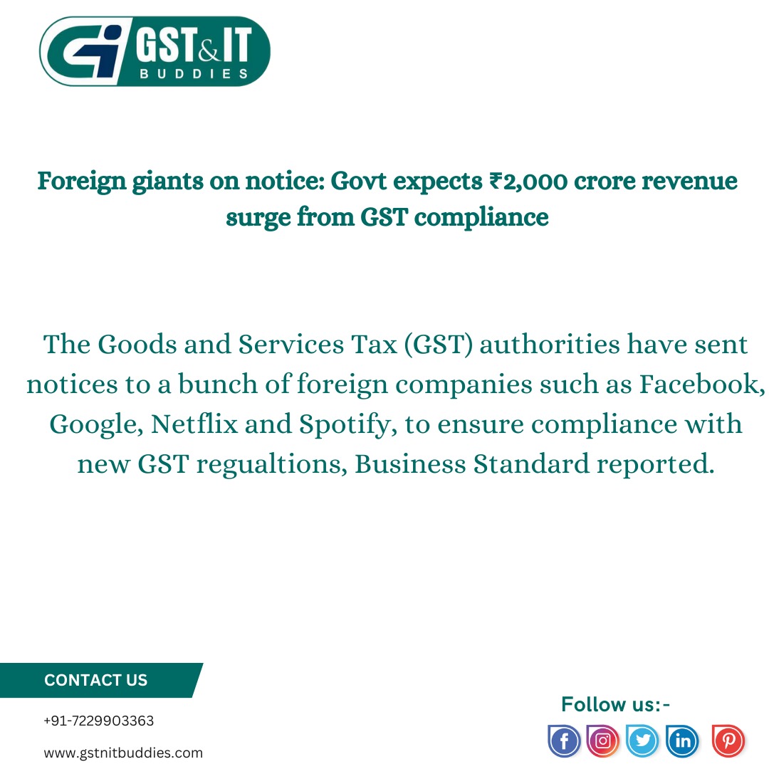 Foreign giants on notice: Govt expects ₹2,000 crore revenue surge from GST compliance
Connect with us: - +91-7229903363
Mail us: - sales@gstnitbuddies.com
Website: - gstnitbuddies.com
#gst #incometax #tax #business #accounting #gstupdates #gstindia #ca #gstr #india #icai
