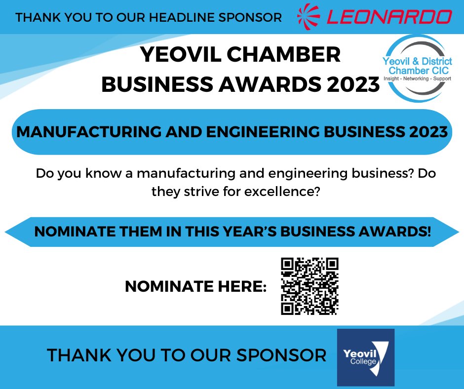 A big thank you to <a href="/YeovilCollege/">Yeovil College</a>  for sponsoring the Manufacturing and Engineering Business Awards at the Yeovil Chamber Business Awards! 
Nominations are open! If you know a manufacturing and engineering business that excels, nominate them now.
yeovilchamber.org/business-awards