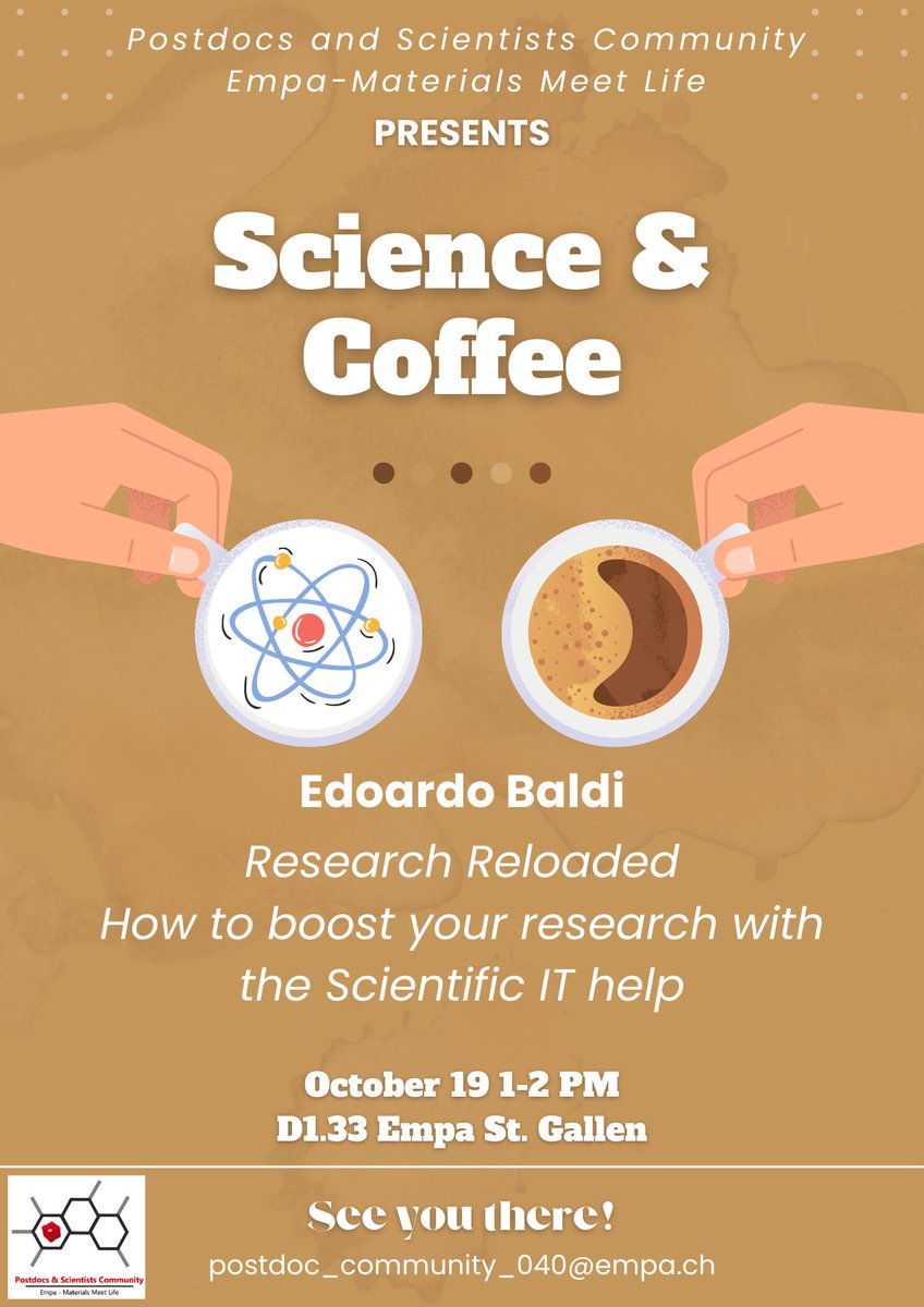 Postdocs_Empa40's tweet image. 📢We are pleased to invite you to the talk by Edoardo Baldi titled &quot;Research Reloaded, How to boost your research with the Scientific IT help&quot;.
🗓️ 19 October 2023
⌚️ 1-2 PM 
 ⛰️D1.33 Empa St. Gallen
@Empa_CH