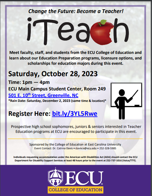 Learning more about the opportunities in ECU's College of Education at the iTeach event on October 28.  Register at: ecu.az1.qualtrics.com/jfe/form/SV_aX…