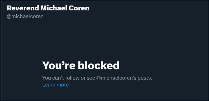 I didn't know that I was blocked by @michaelcoren. I met him a couple of times when he used to write<a class="tags" target="_blank" title="On Twitter" href="/?out=eyJ0eXAiOiJKV1QiLCJhbGciOiJIUzUxMiJ9.eyJpYXQiOjE3MjY2MjE4NzksImlzcyI6InR3cG9ybnN0YXJzLmNvbSIsIm5iZiI6MTcyNjYyMTg3OSwiZXhwIjoxNzU4MTU3ODc5LCJyZWRpcmVjdF91cmwiOiJodHRwczovL3R3aXR0ZXIuY29tL21pY2hhZWxjb3JlbiJ9.SOCbvFYbPaxnXxiT2YMol6ZKEYvXtBsHMdTCTedvakq5lYuX4HodbfqyA6vuRYqgCfpcjzBxAPoK3hb92yPf0Q">@michaelcoren</a><a href="/tag/recruiting"class="tags"><span>#recruiting</span></a>