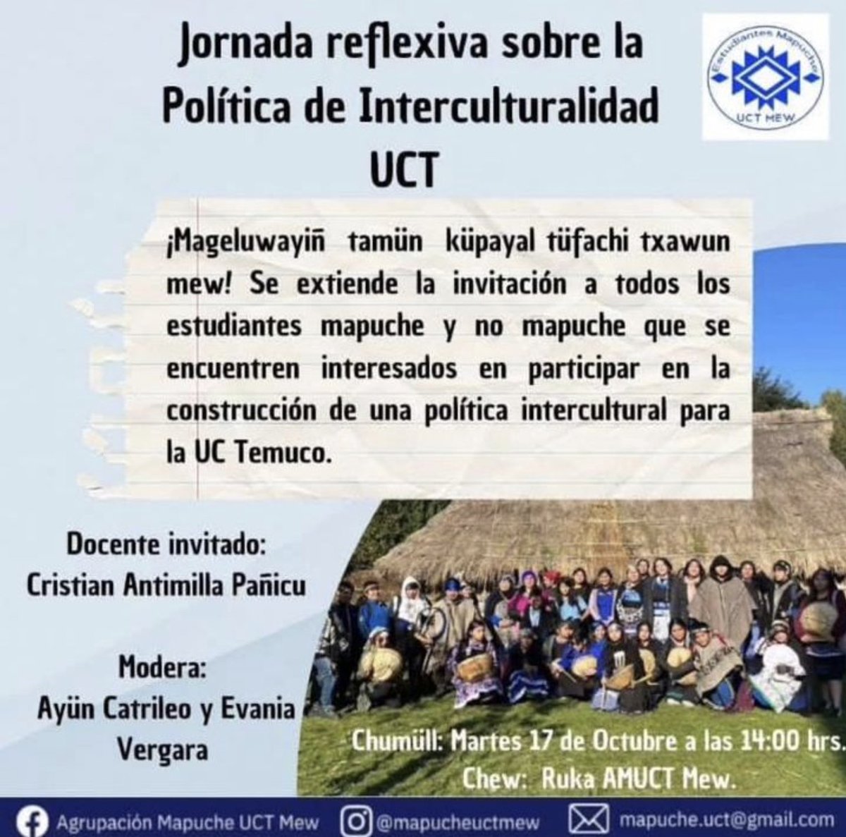 NEII_UCT's tweet photo. Hoy martes 17 de octubre a las 14:00 horas en la ruca del Campus norte. https://t.co/6FEj7dqtKo