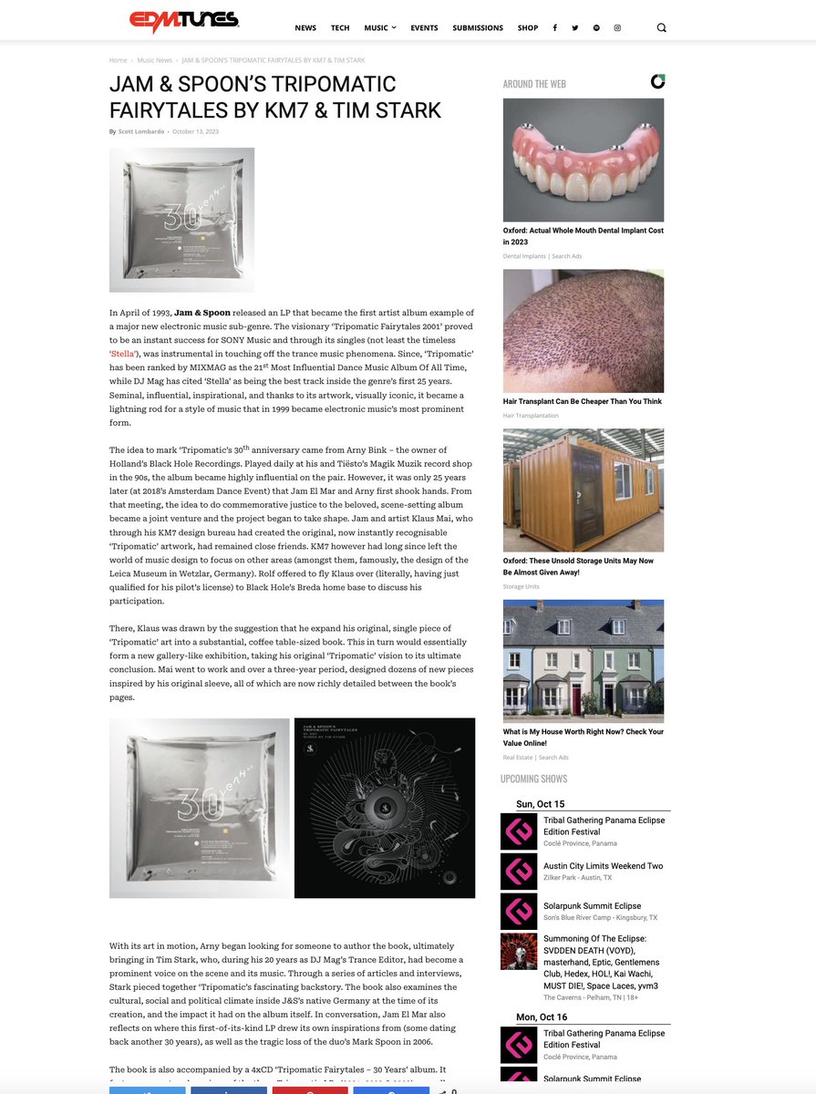 EDMTunes.com with some fine words on Klaus and my Jam &amp; Spoon Tripomatic Fairytales books. Many thanks fellas! 🙏 Launch day at Black Hole Recordings' pop-up at Cloud Store Amsterdam this Thursday from 1pm. Hope to see you there!
#jamandspoon

edmtunes.com/2023/10/jam-sp…