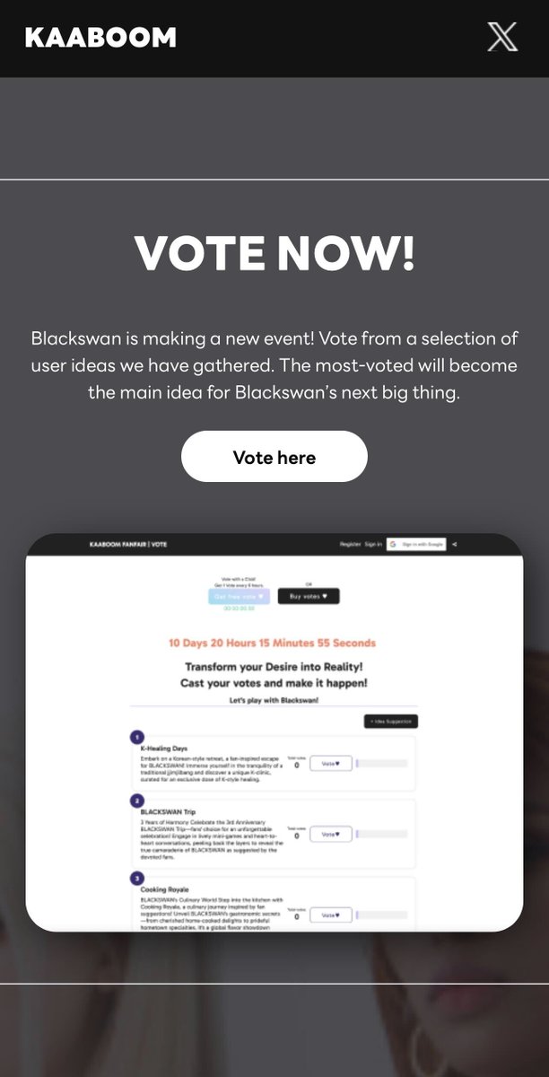 kaaboomfanfair's tweet photo. Ah, one more post about #BLACKSWAN guys~ An important update to our site has appeared!! We are now asking #LUMINA to vote for the best fan-suggested idea on our website https://t.co/JteMD9prdf! Scroll down and click the "Vote now" button to make your pick✨✨
